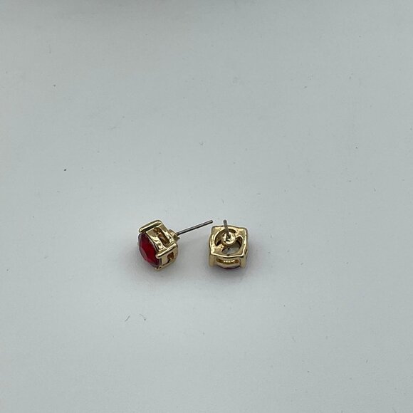 Ruby Red Rhinestone Round Cut Gold Tone Pierced Stud Earrings 0.25in - Picture 2 of 4